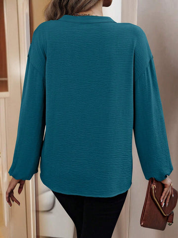 LUNE Solid Color Lace Patchwork V-Neck Front Button Long Sleeve Shirt