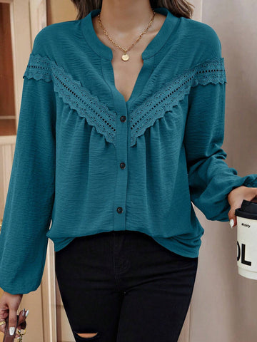 LUNE Solid Color Lace Patchwork V-Neck Front Button Long Sleeve Shirt
