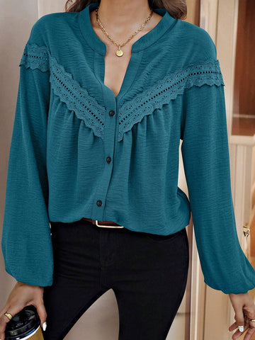 LUNE Solid Color Lace Patchwork V-Neck Front Button Long Sleeve Shirt