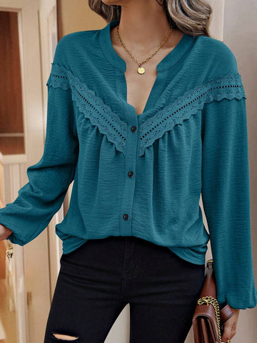 LUNE Solid Color Lace Patchwork V-Neck Front Button Long Sleeve Shirt