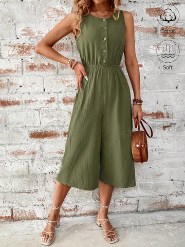 Solid Color Linen Summer Jumpsuit For Women