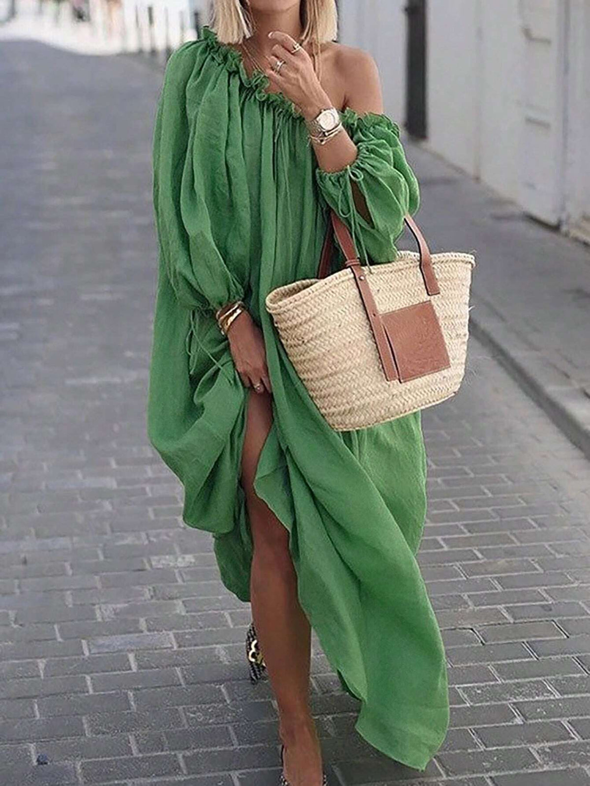 Solid Color Long Sleeve Pleated Casual Dress With Off Shoulder Neckline