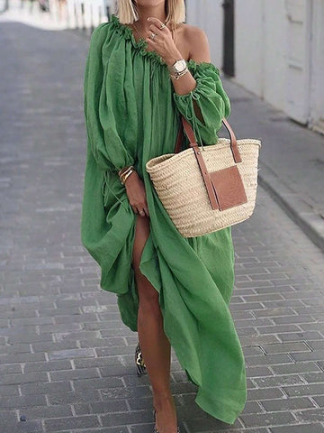 Solid Color Long Sleeve Pleated Casual Dress With Off Shoulder Neckline