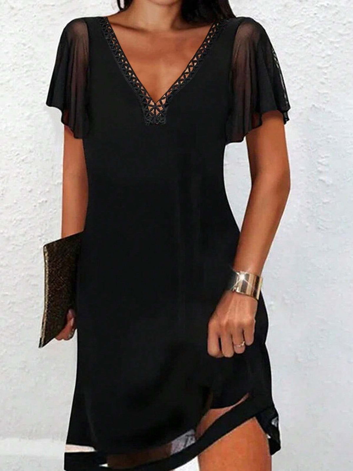 Solid Color Mesh Panel Casual Dress