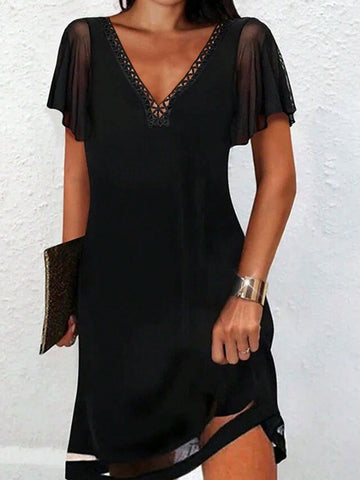 Solid Color Mesh Panel Casual Dress
