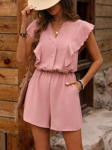 Solid Color Notched Collar Jumpsuit Featuring Ruffle Trim And Button Details