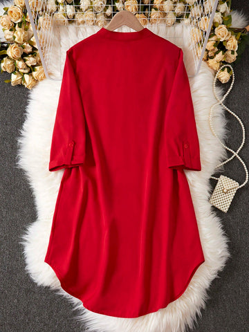 Solid Color Notched Neckline Short Sleeve Wrap Dress