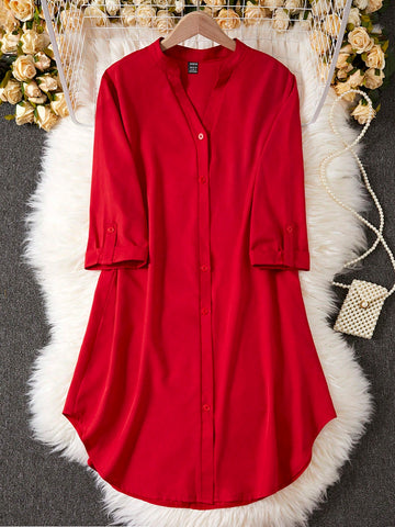 Solid Color Notched Neckline Short Sleeve Wrap Dress