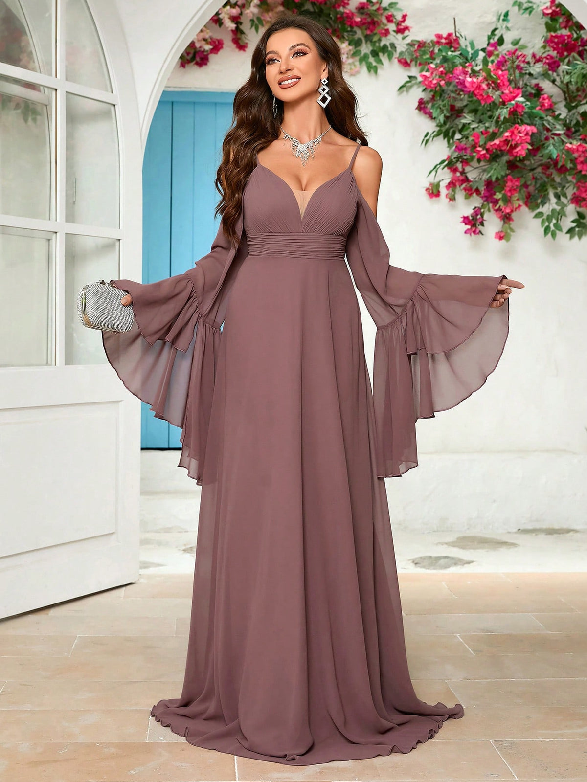 Solid Color Off-Shoulder Flare Sleeve Spaghetti Strap Bridesmaid Dress