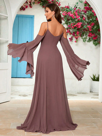 Solid Color Off-Shoulder Flare Sleeve Spaghetti Strap Bridesmaid Dress