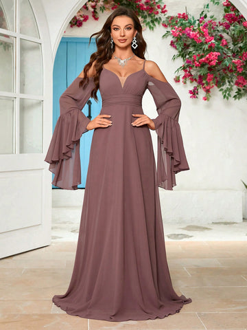 Solid Color Off-Shoulder Flare Sleeve Spaghetti Strap Bridesmaid Dress