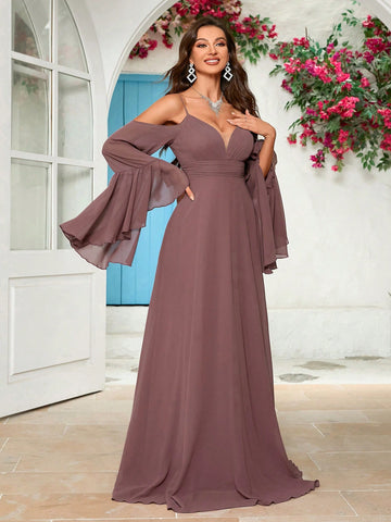 Solid Color Off-Shoulder Flare Sleeve Spaghetti Strap Bridesmaid Dress