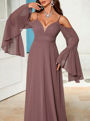 Solid Color Off-Shoulder Flare Sleeve Spaghetti Strap Bridesmaid Dress
