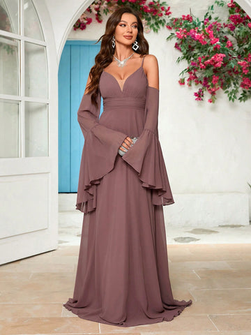 Solid Color Off-Shoulder Flare Sleeve Spaghetti Strap Bridesmaid Dress