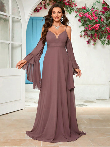Solid Color Off-Shoulder Flare Sleeve Spaghetti Strap Bridesmaid Dress