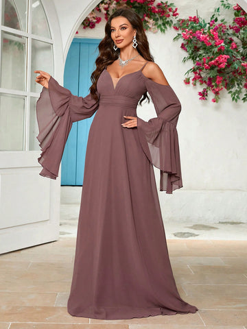 Solid Color Off-Shoulder Flare Sleeve Spaghetti Strap Bridesmaid Dress