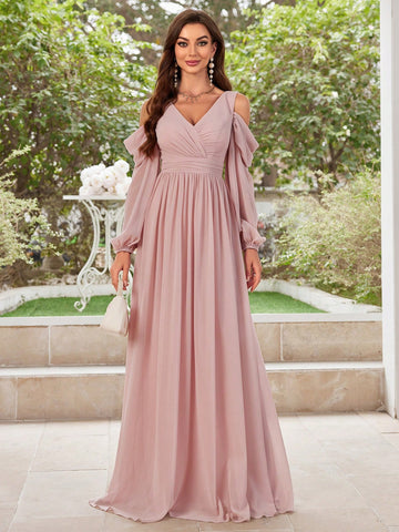 Solid Color Off Shoulder Chiffon Bridesmaid Dress