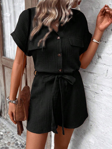Solid Color Plisse Flap Detail Belted Shirt And Shorts Jumpsuit For Summer