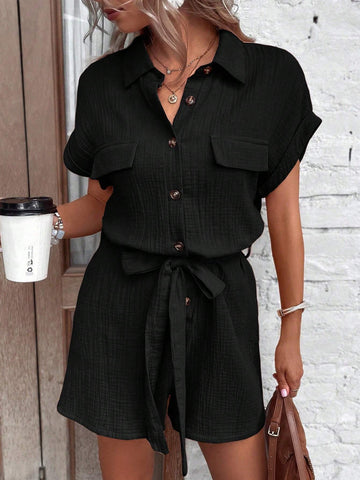 Solid Color Plisse Flap Detail Belted Shirt And Shorts Jumpsuit For Summer