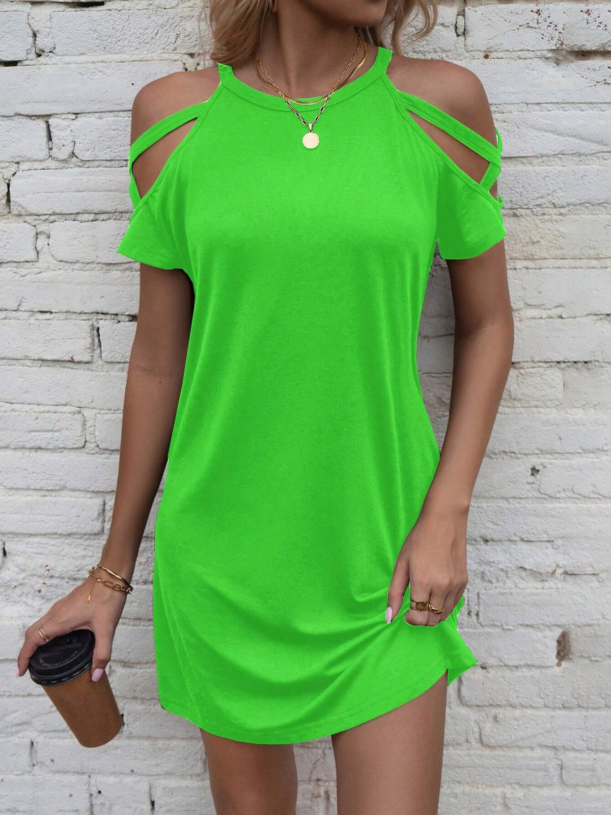 Solid Color Round Neck Hollow Out Summer Casual Dress