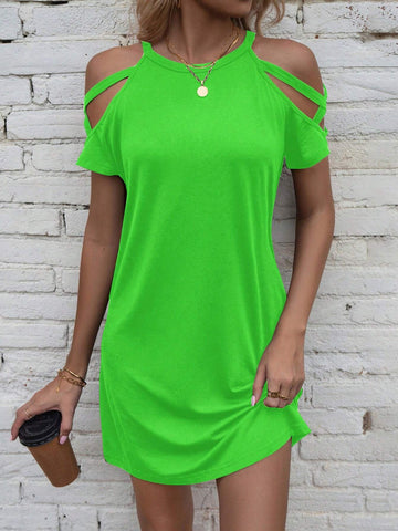 Solid Color Round Neck Hollow Out Summer Casual Dress