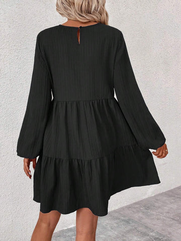 Solid Color Round Neck Long Sleeve Simple Ruched Short Casual Dress