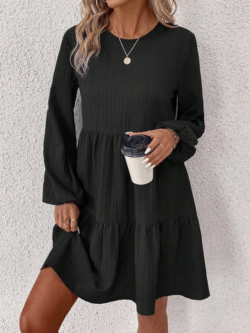 Solid Color Round Neck Long Sleeve Simple Ruched Short Casual Dress