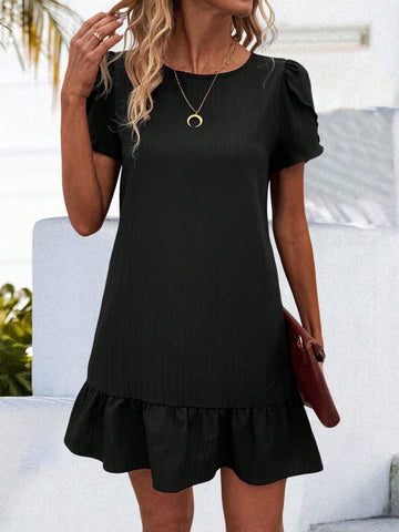 Solid Color Round Neck Ruffle Hem A-Line Dress