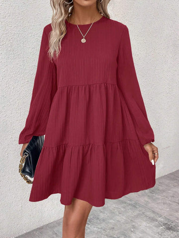 Solid Color Round Neck Ruffled Hem Casual Long Sleeve Dress