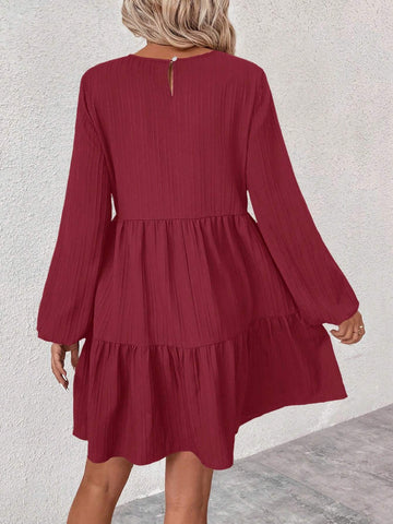 Solid Color Round Neck Ruffled Hem Casual Long Sleeve Dress