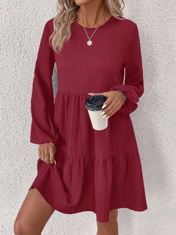 Solid Color Round Neck Ruffled Hem Casual Long Sleeve Dress