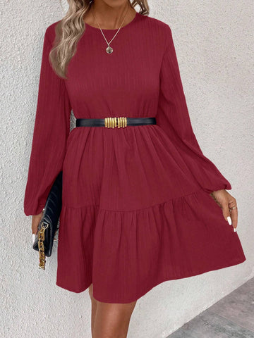 Solid Color Round Neck Ruffled Hem Casual Long Sleeve Dress