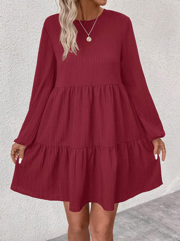 Solid Color Round Neck Ruffled Hem Casual Long Sleeve Dress