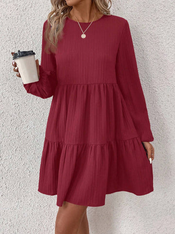 Solid Color Round Neck Ruffled Hem Casual Long Sleeve Dress