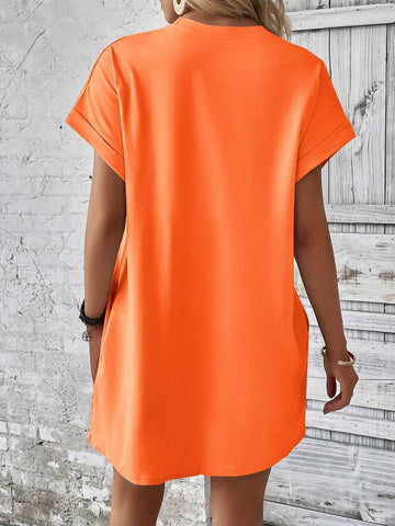 Solid Color Round Neck Short Sleeve Dress With Pockets For Summer