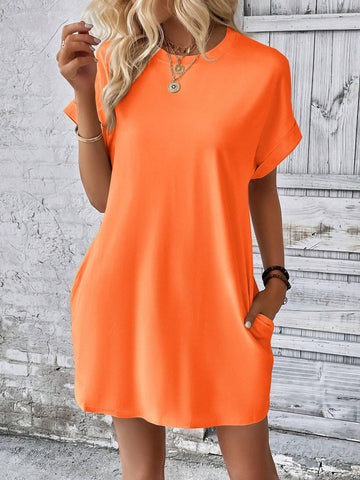 Solid Color Round Neck Short Sleeve Dress With Pockets For Summer