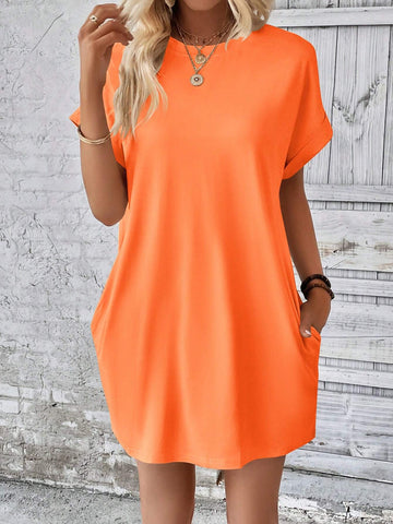 Solid Color Round Neck Short Sleeve Dress With Pockets For Summer