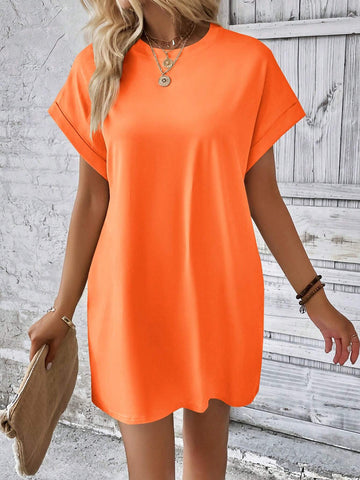Solid Color Round Neck Short Sleeve Dress With Pockets For Summer