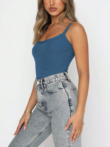 Solid Color Round Neck Sleeveless Bodysuit With Slim Fit
