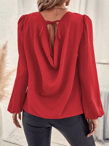 LUNE Solid Color Ruched Back Round Neck Elegant Long Sleeve Blouse