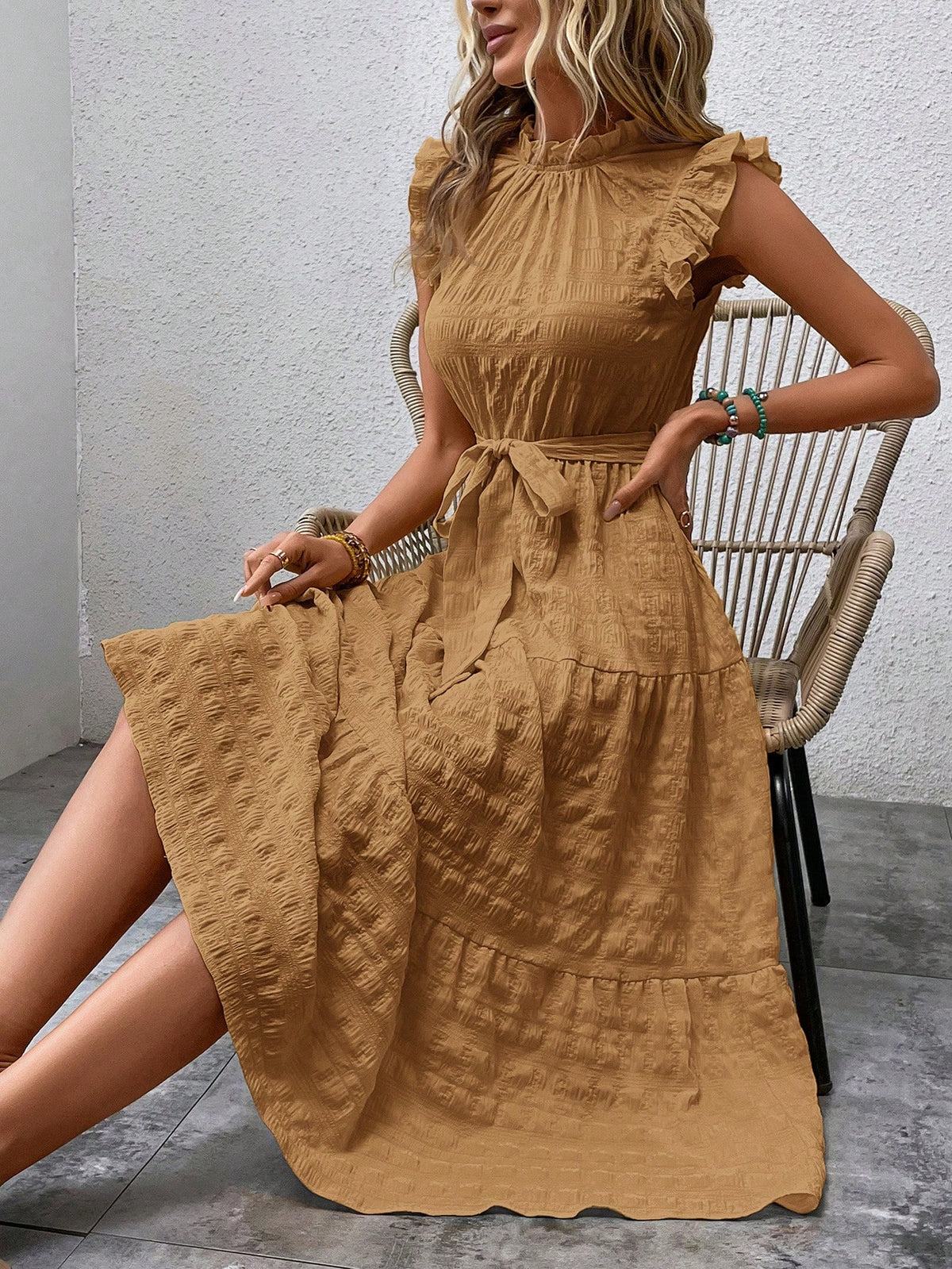 Solid Color Ruffle Trim Decorated Dress