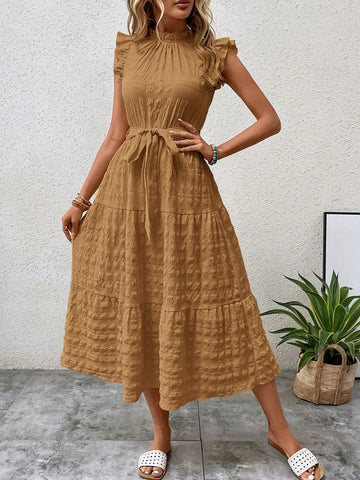 Solid Color Ruffle Trim Decorated Dress