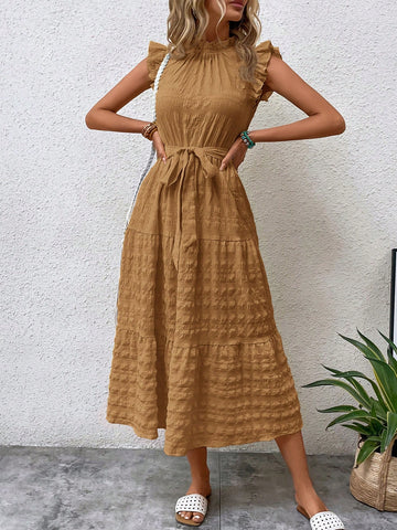 Solid Color Ruffle Trim Decorated Dress