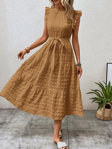 Solid Color Ruffle Trim Decorated Dress