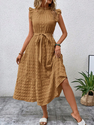 Solid Color Ruffle Trim Decorated Dress