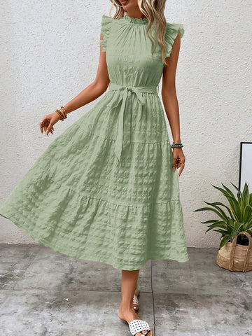 Solid Color Ruffled Hem & Texture Decorated Dress
