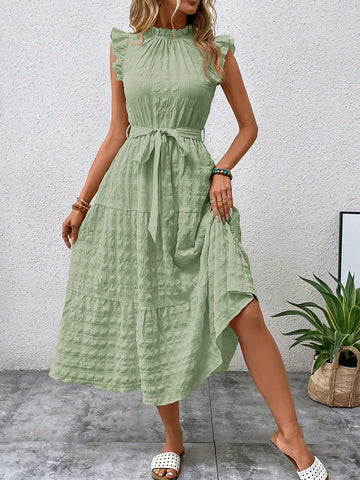 Solid Color Ruffled Hem & Texture Decorated Dress