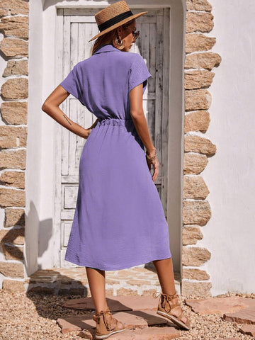 Solid Color Short Sleeve Drawstring Waist Button Front Midi Dress