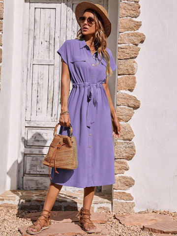 Solid Color Short Sleeve Drawstring Waist Button Front Midi Dress