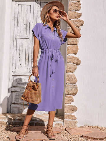 Solid Color Short Sleeve Drawstring Waist Button Front Midi Dress